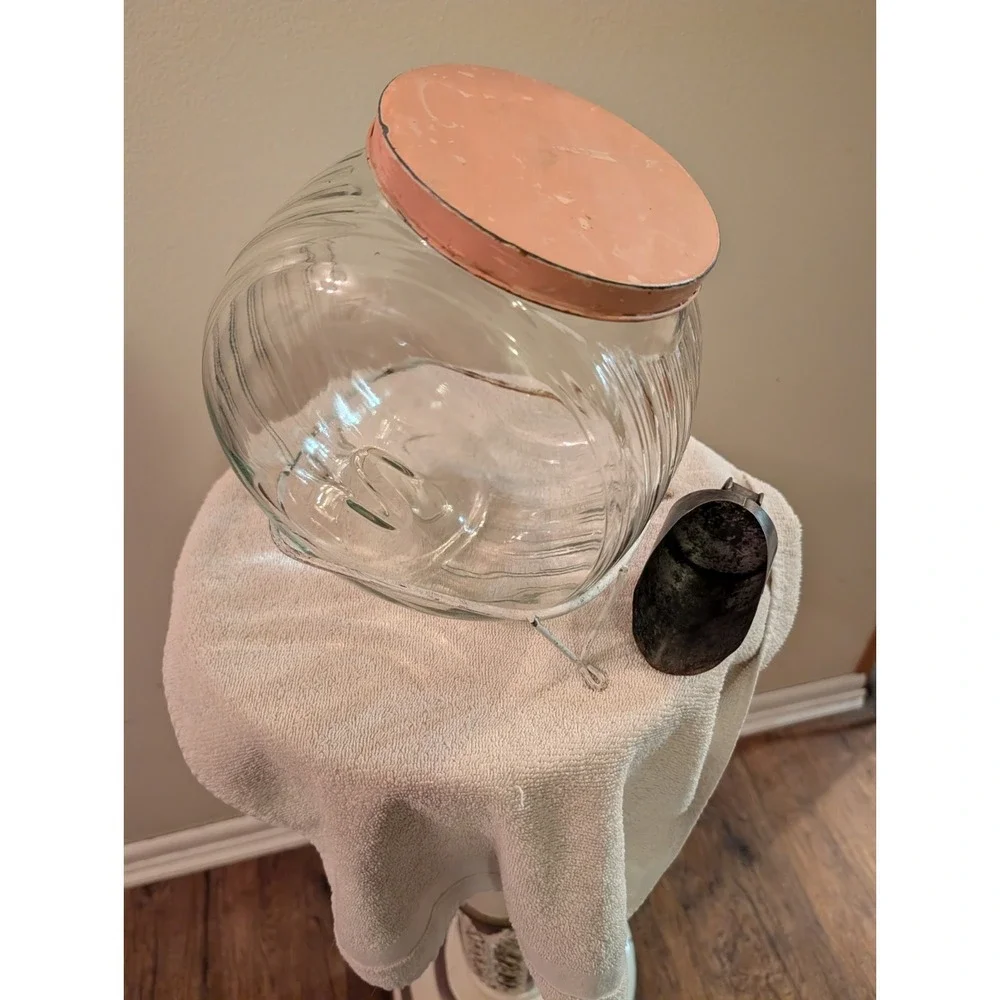 Antique Glass Jar Canister w/ Tin Lid & Scoop & Wire Stand Sellers Hoosier  S
